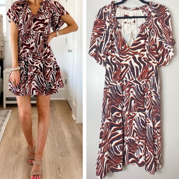 ANTHROPOLOGIE DRESS ROBIN MINI ANIMAL PRINT ORANGE BROWN RUFFLE BOHO CHIC AUTUMN - Picture 1 of 16
